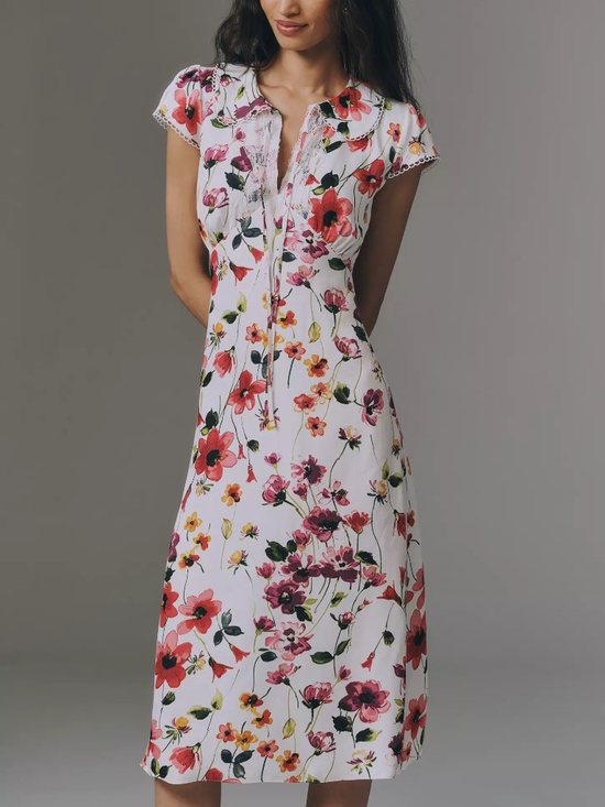 Anthropologie Dresses & Skirts - By Anthropologie Collared Short-Sleeve Midi Dress Pink Floral Print nwt XXS